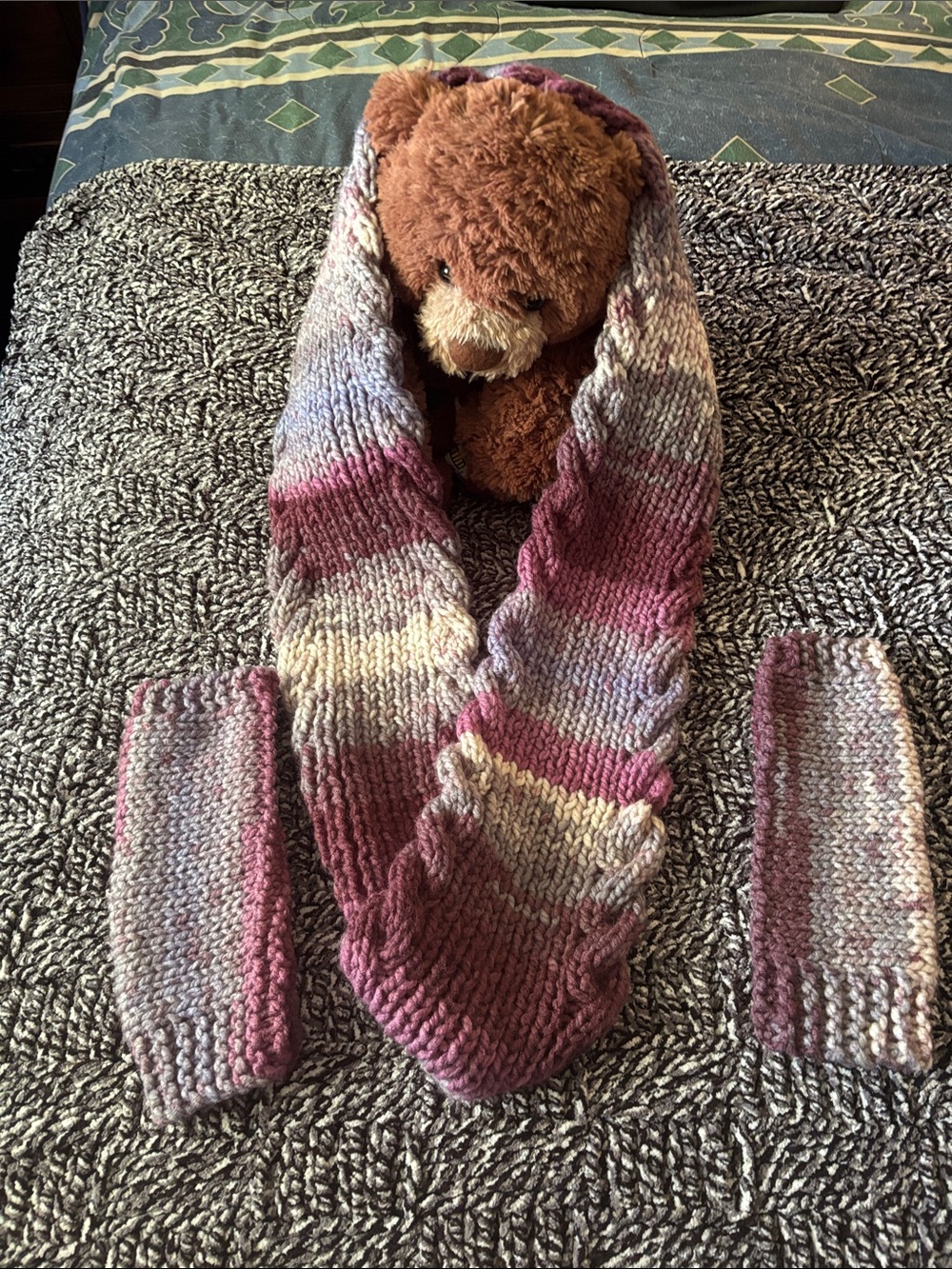 Cabled cowl with matching wrist warmers